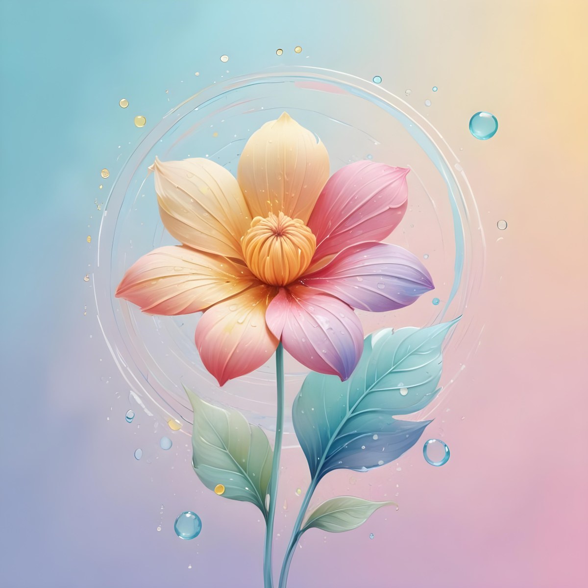 A Flower With Yellow Petals And Yellow Leaves Pastel Background With Blue Pink And Yellow Hues Surrounded By Water Droplets And Circular Patterns 9 160f
