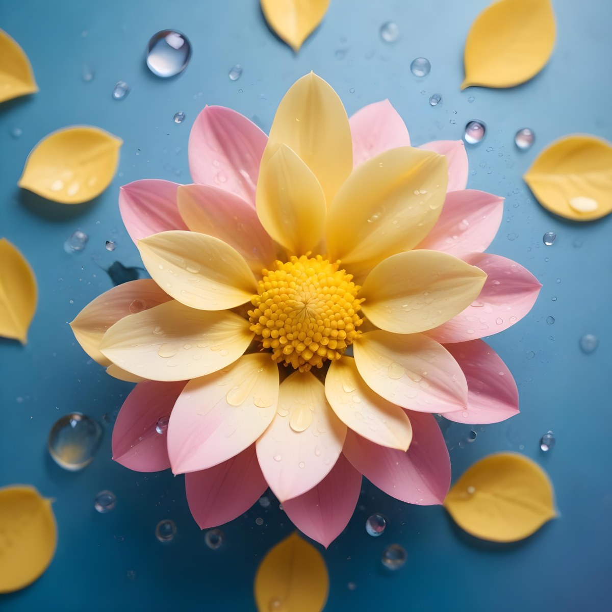 A Flower With Yellow Petals And Yellow Leaves Pastel Background With Blue Pink And Yellow Hues Surrounded By Water Droplets And Circular Patterns 9 9cd0