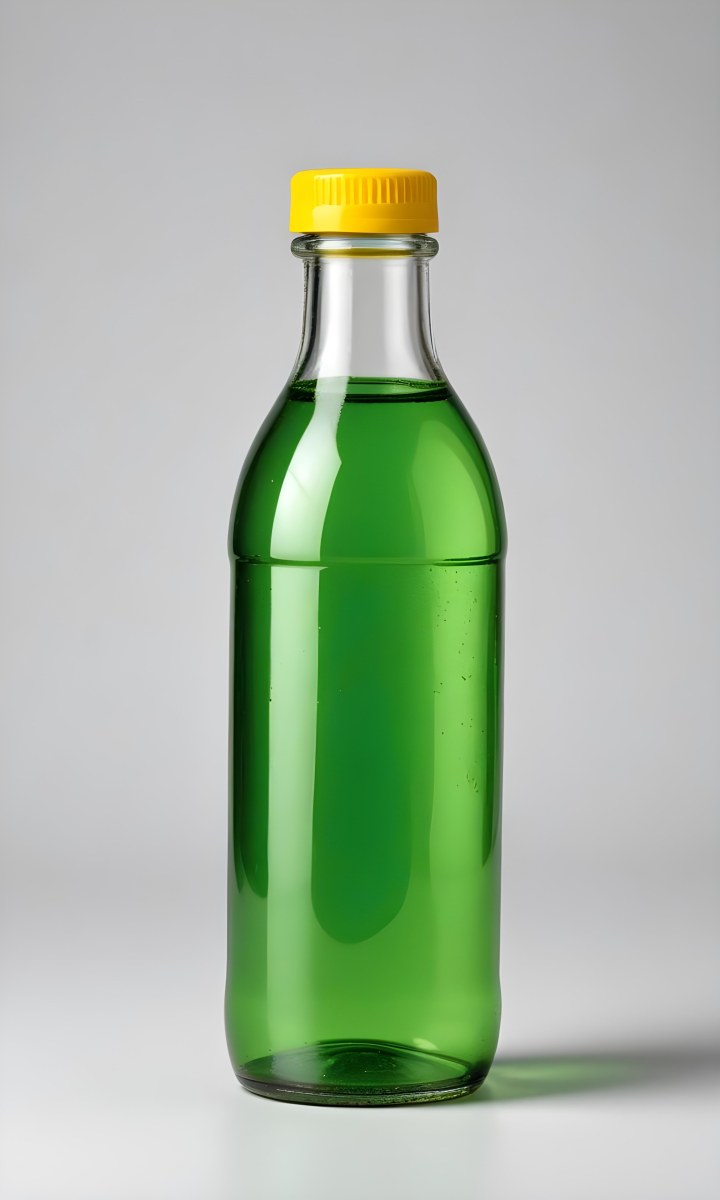 A Glass Bottle Filled With Green Liquid Closed With A Yellow Cap Isolated On A White Background 16 93cb