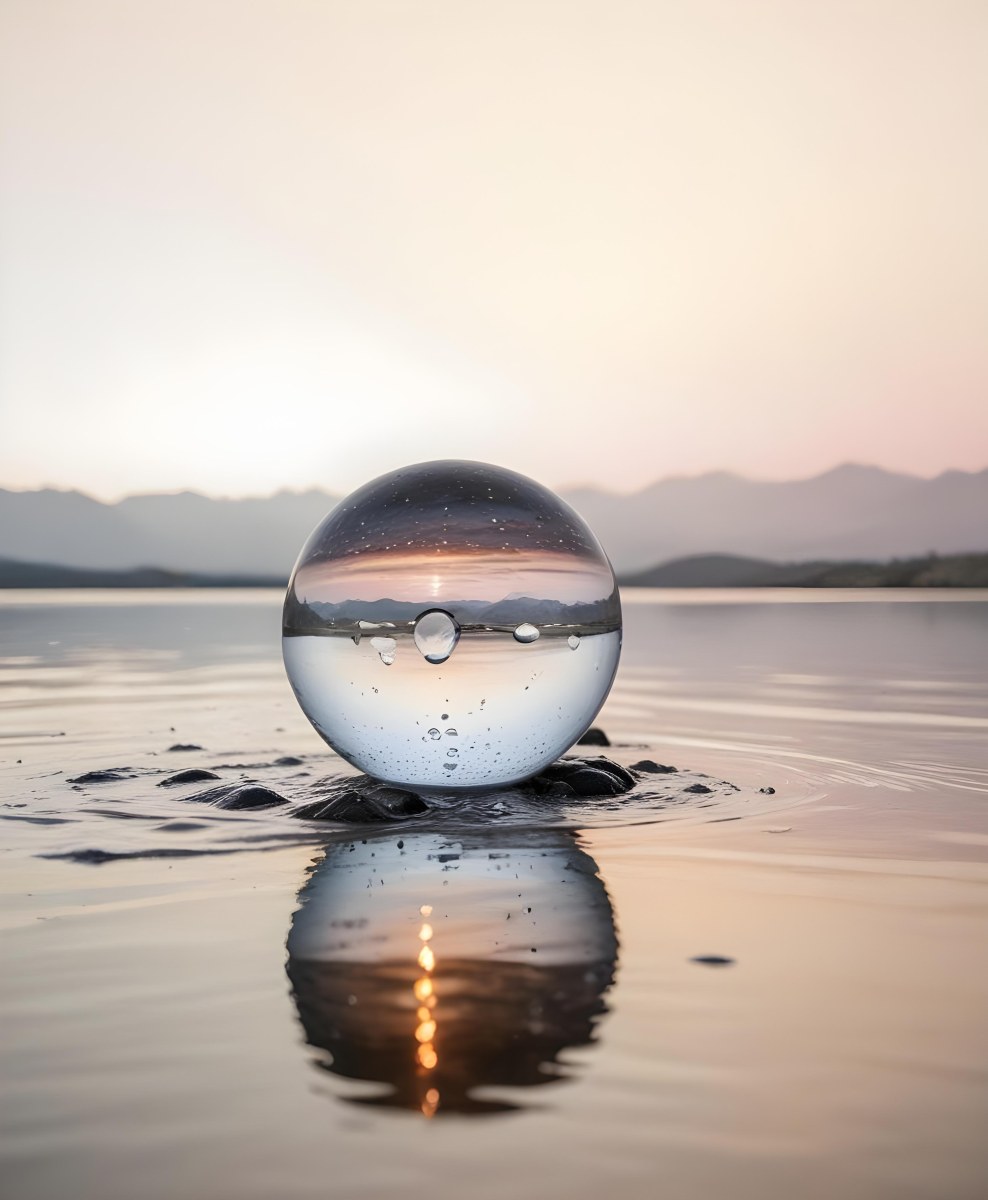 A Glass Sphere Reflecting The Sunset On A Body Of Water With Water Droplets On The Surface Surrounded By Mountains During Dusk With Clear Skies 54 E7ef