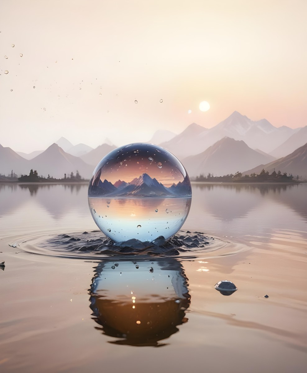 A Glass Sphere Reflecting The Sunset On A Body Of Water With Water Droplets On The Surface Surrounded By Mountains During Dusk With Clear Skies 7 E92c