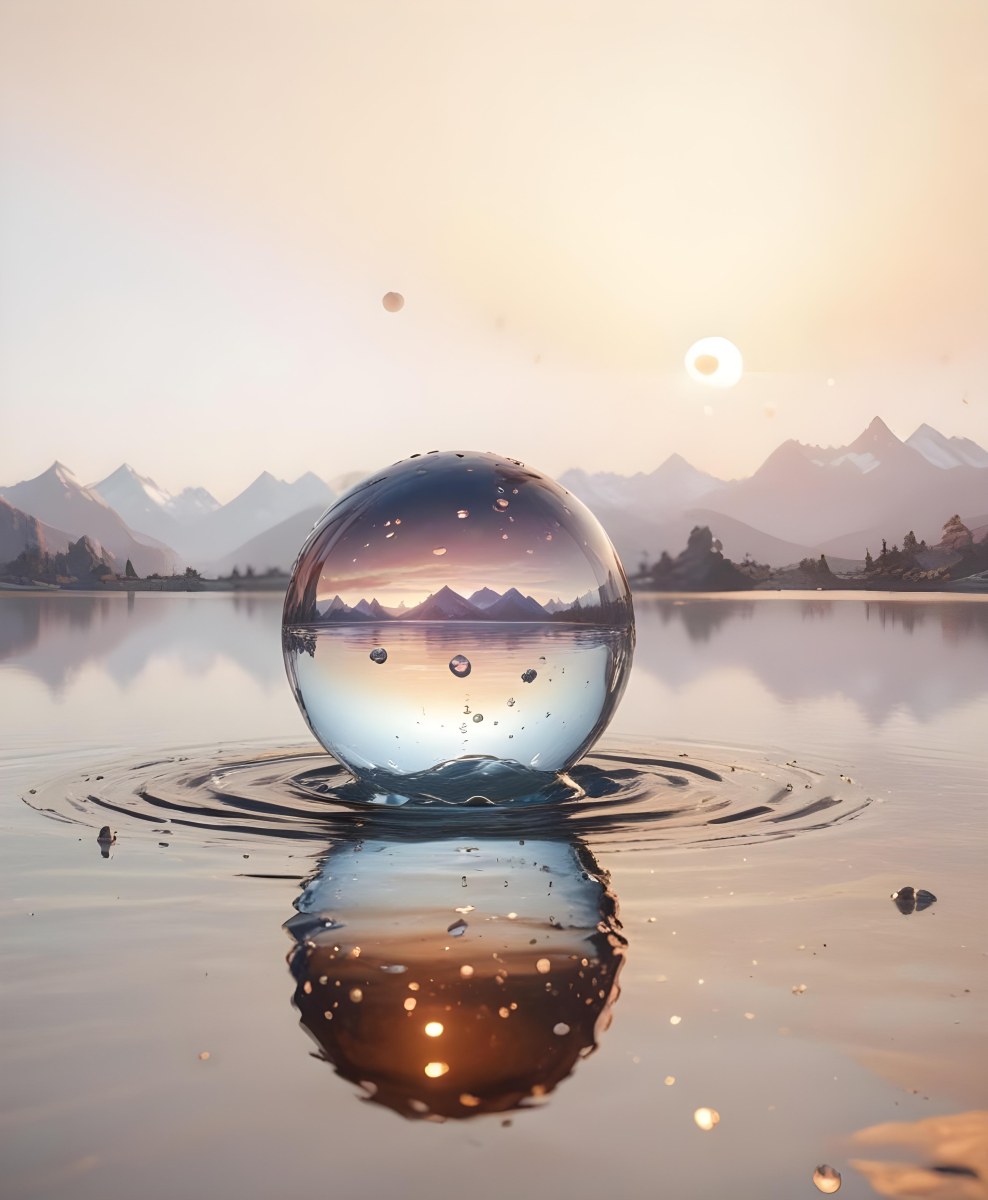A Glass Sphere Reflecting The Sunset On A Body Of Water With Water Droplets On The Surface Surrounded By Mountains During Dusk With Clear Skies 8 Fb46