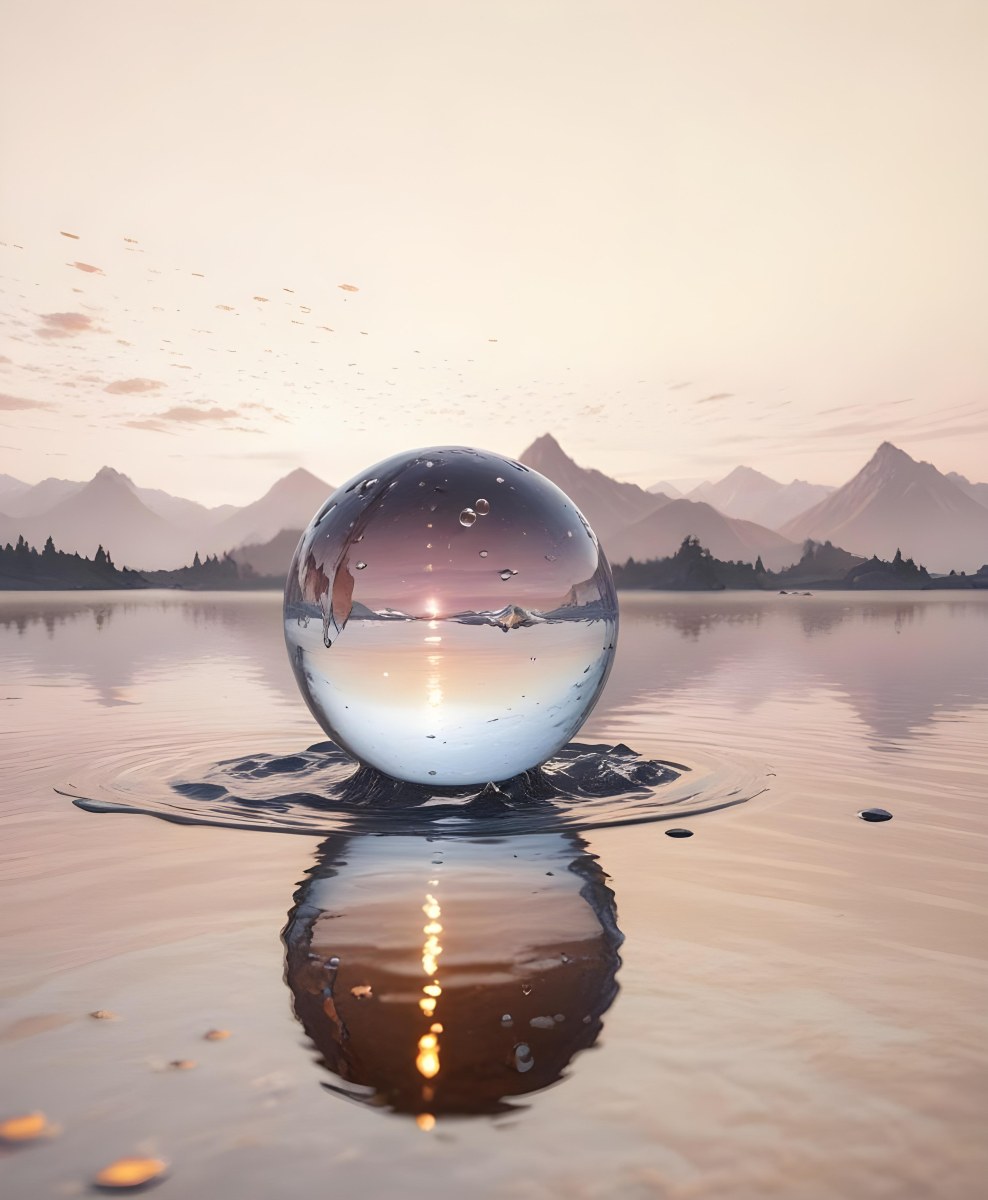 A Glass Sphere Reflecting The Sunset On A Body Of Water With Water Droplets On The Surface Surrounded By Mountains During Dusk With Clear Skies 9 6ce2