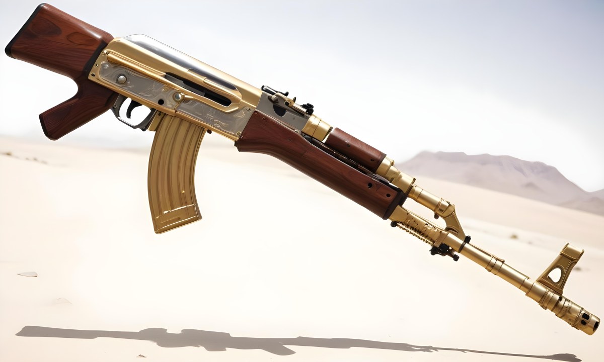 A Golden Ak 47 Assault Rifle With A Wooden Stock Featuring Silver Accents And A Synthetic Stock Set Against A Desert Landscape 1 03f8
