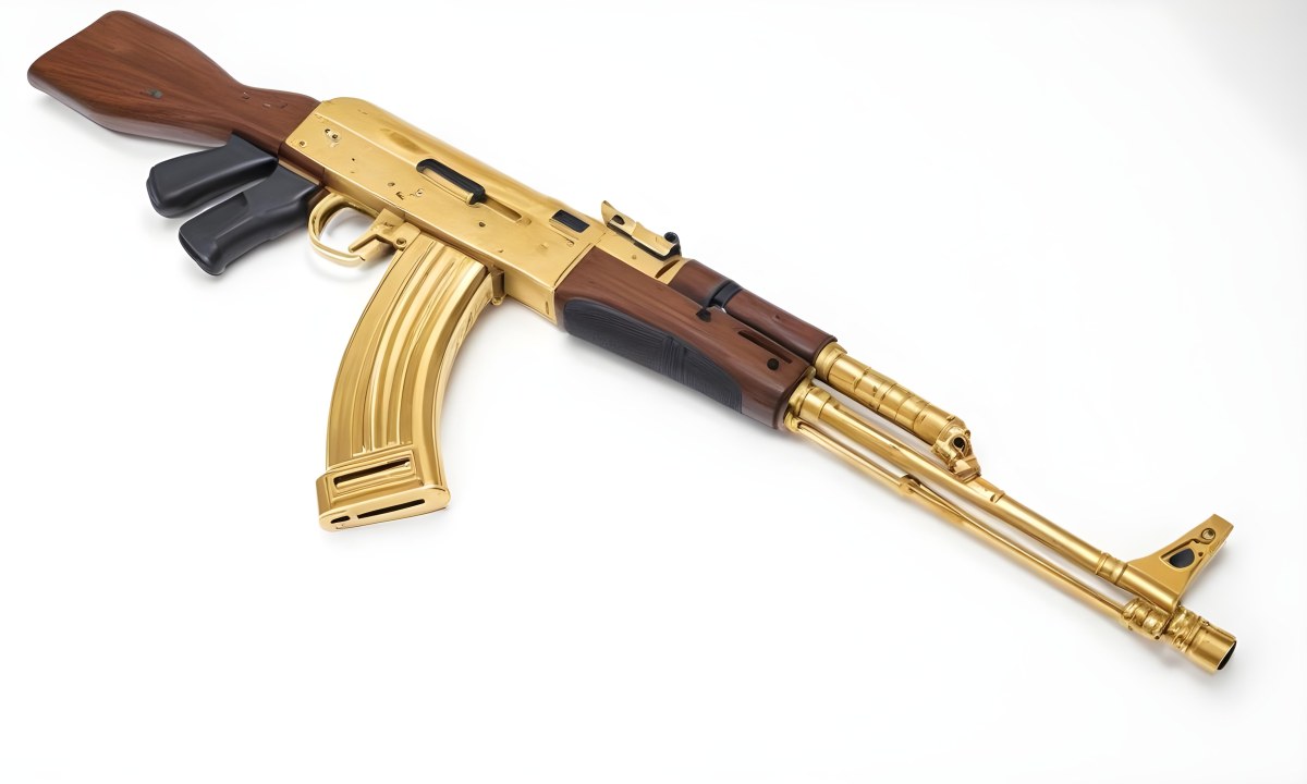 A Golden Ak 47 Assault Rifle With A Wooden Stock Featuring Silver Accents And A Synthetic Stock Set Against A Desert Landscape 10 5e38
