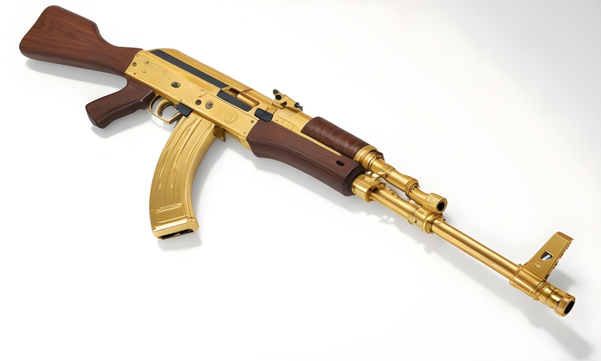 A Golden Ak 47 Assault Rifle With A Wooden Stock Featuring Silver Accents And A Synthetic Stock Set Against A Desert Landscape 11 8b47