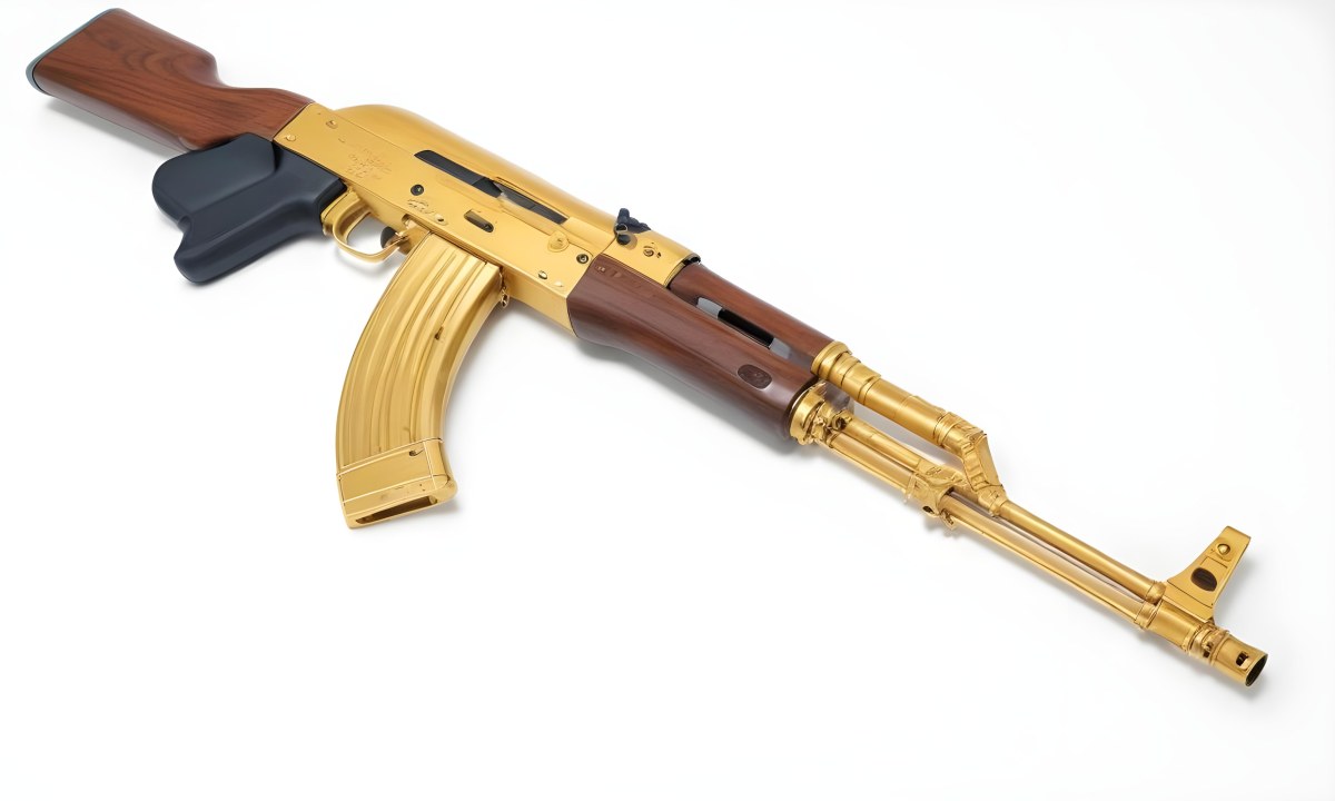 A Golden Ak 47 Assault Rifle With A Wooden Stock Featuring Silver Accents And A Synthetic Stock Set Against A Desert Landscape 12 F9cc