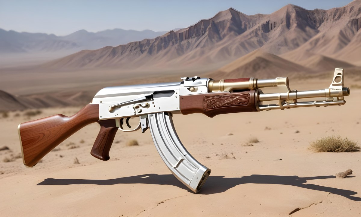 A Golden Ak 47 Assault Rifle With A Wooden Stock Featuring Silver Accents And A Synthetic Stock Set Against A Desert Landscape 2 31e3
