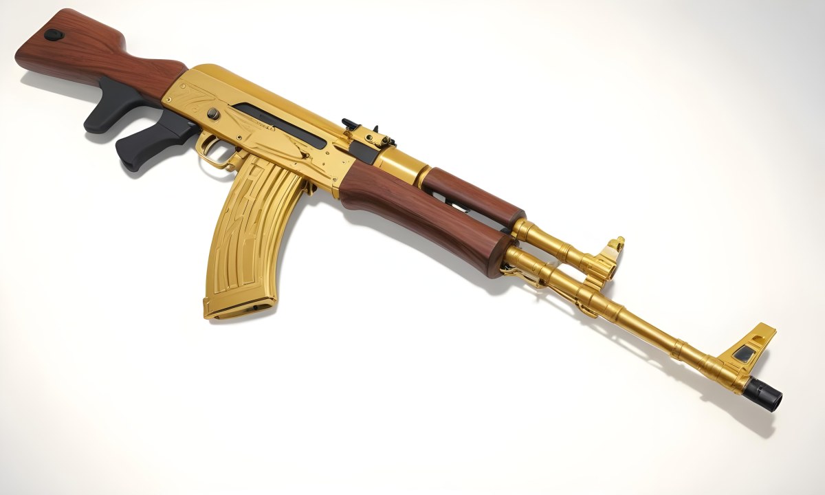A Golden Ak 47 Assault Rifle With A Wooden Stock Featuring Silver Accents And A Synthetic Stock Set Against A Desert Landscape 3 1040