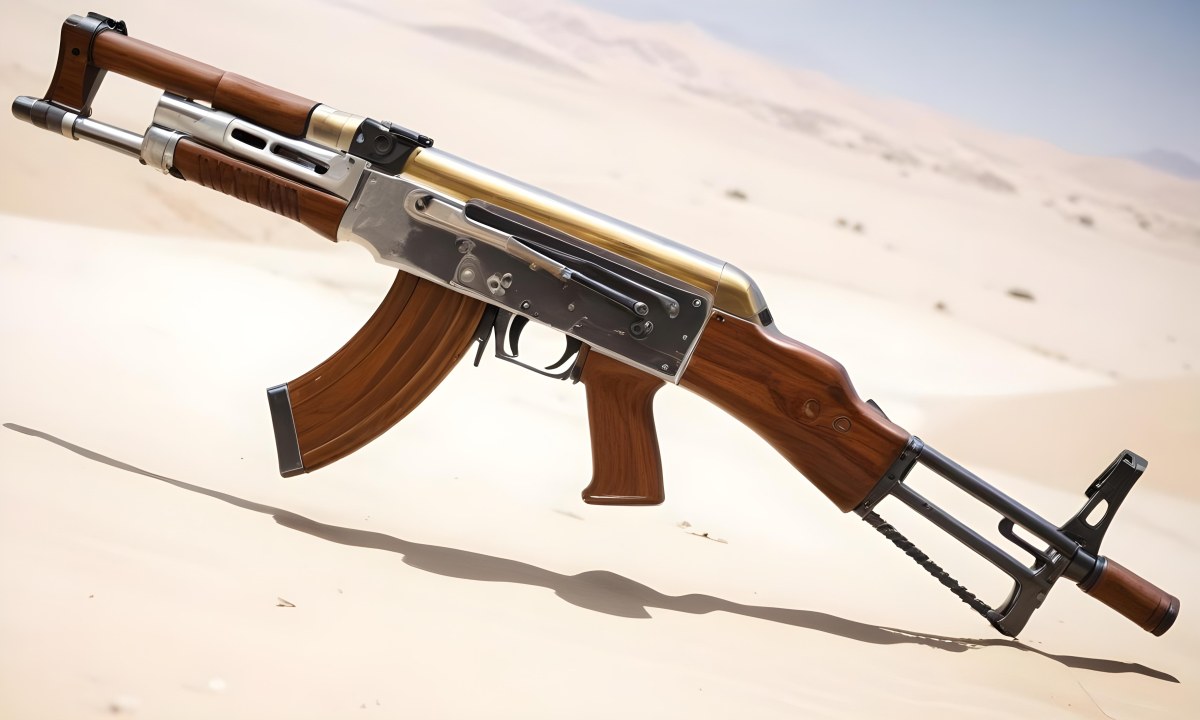 A Golden Ak 47 Assault Rifle With A Wooden Stock Featuring Silver Accents And A Synthetic Stock Set Against A Desert Landscape 4 Cff7