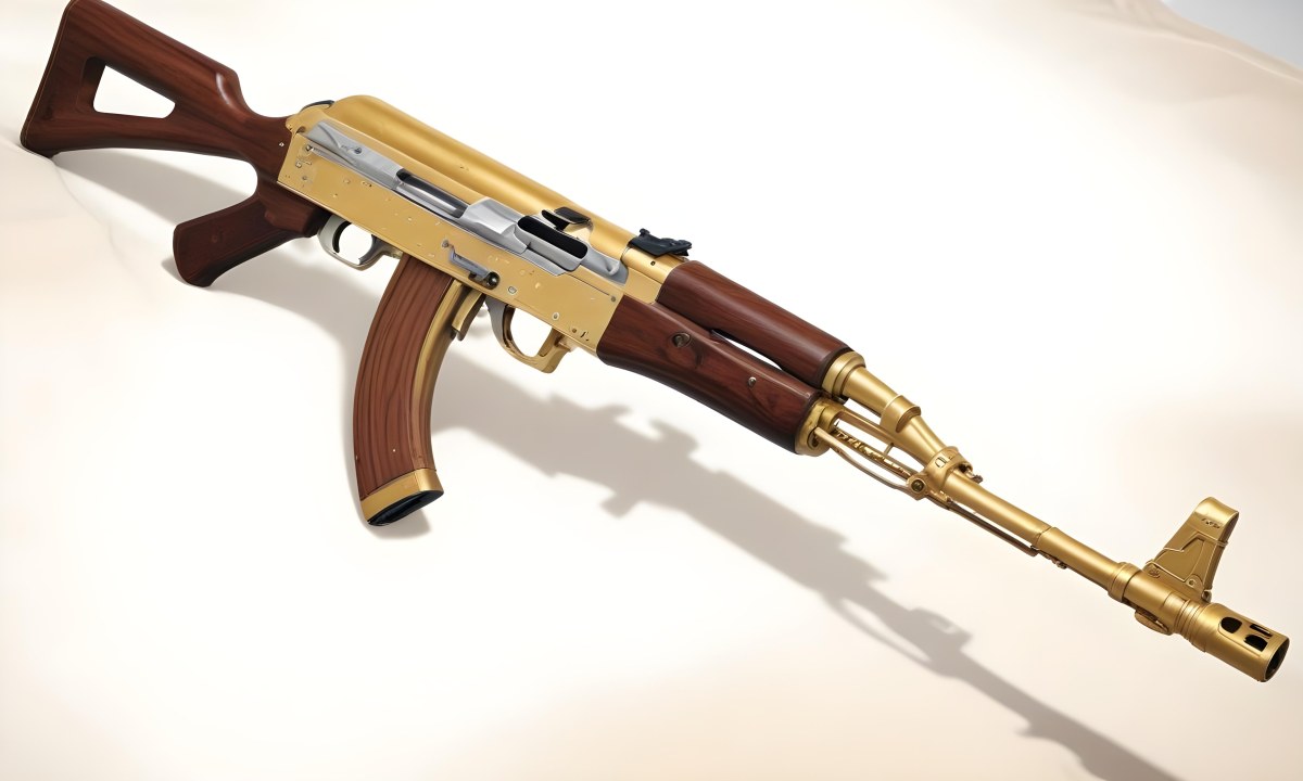 A Golden Ak 47 Assault Rifle With A Wooden Stock Featuring Silver Accents And A Synthetic Stock Set Against A Desert Landscape 5 42fd