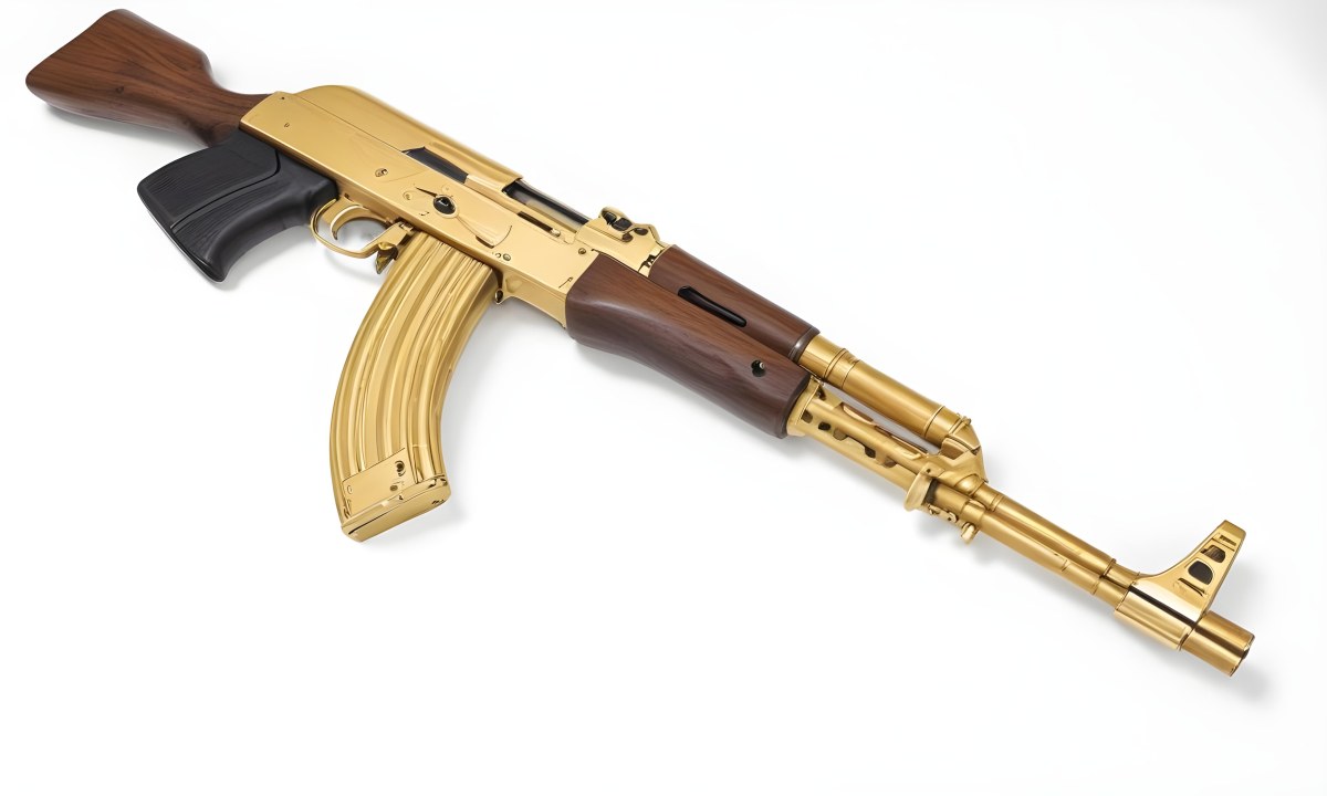 A Golden Ak 47 Assault Rifle With A Wooden Stock Featuring Silver Accents And A Synthetic Stock Set Against A Desert Landscape 8 433f
