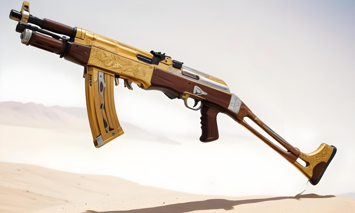 A Golden Ak 47 Assault Rifle With A Wooden Stock Featuring Silver Accents And A Synthetic Stock Set Against A Desert Landscape 9 315a