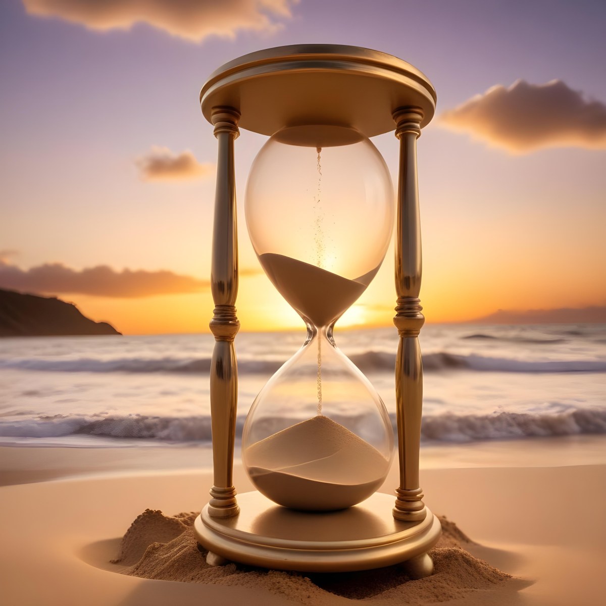 A Golden Hourglass With Sand Flowing From The Top Chamber To The Bottom Chamber Set Against A Sunset Background 7 E3e0