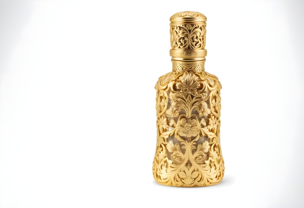 A Golden Ornate Perfume Bottle With Intricate Floral Designs And A Round Stopper On Top 5 7599