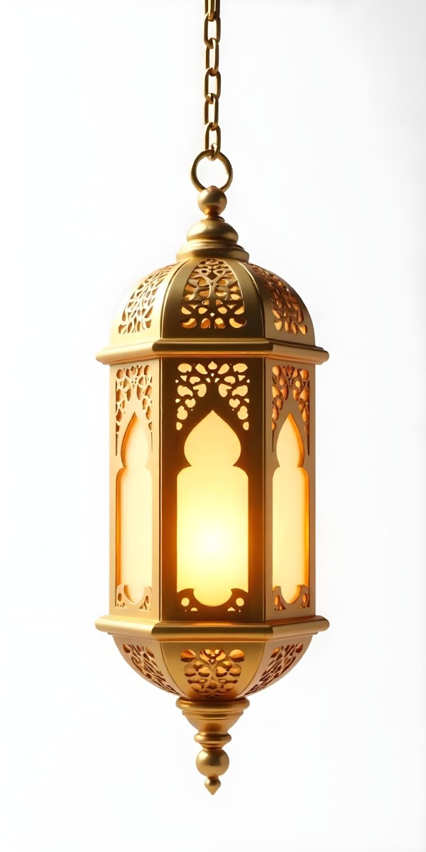 A Golden Ramadan Lantern Hanging From A Chain Ornate Design Warm Glow Emanating From Within Isolated On A White Background Festive Decoration 8 E116