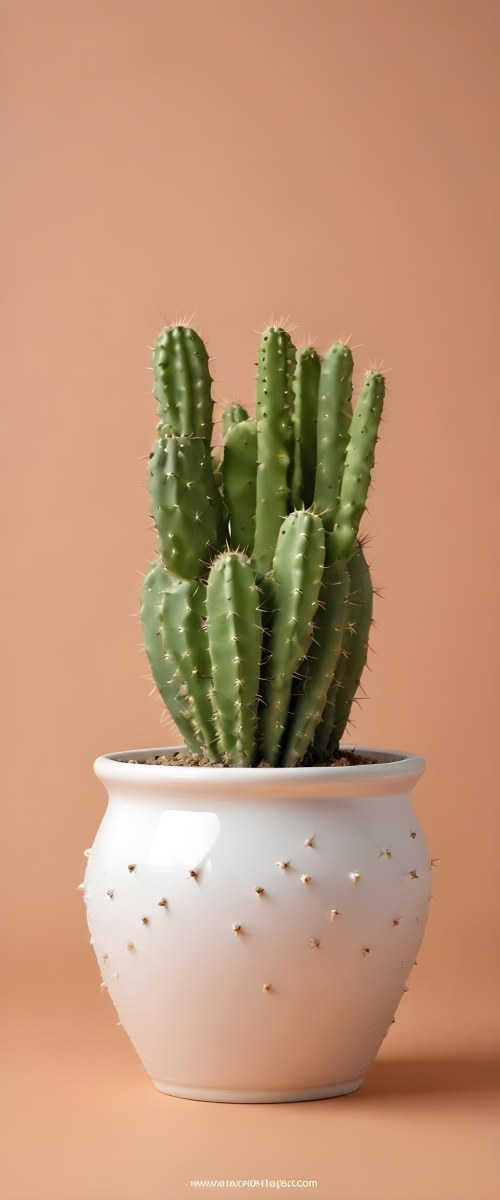 A Green Barrel Cactus With Sharp Spines In A White Ceramic Pot Against A Peach Colored Background 14