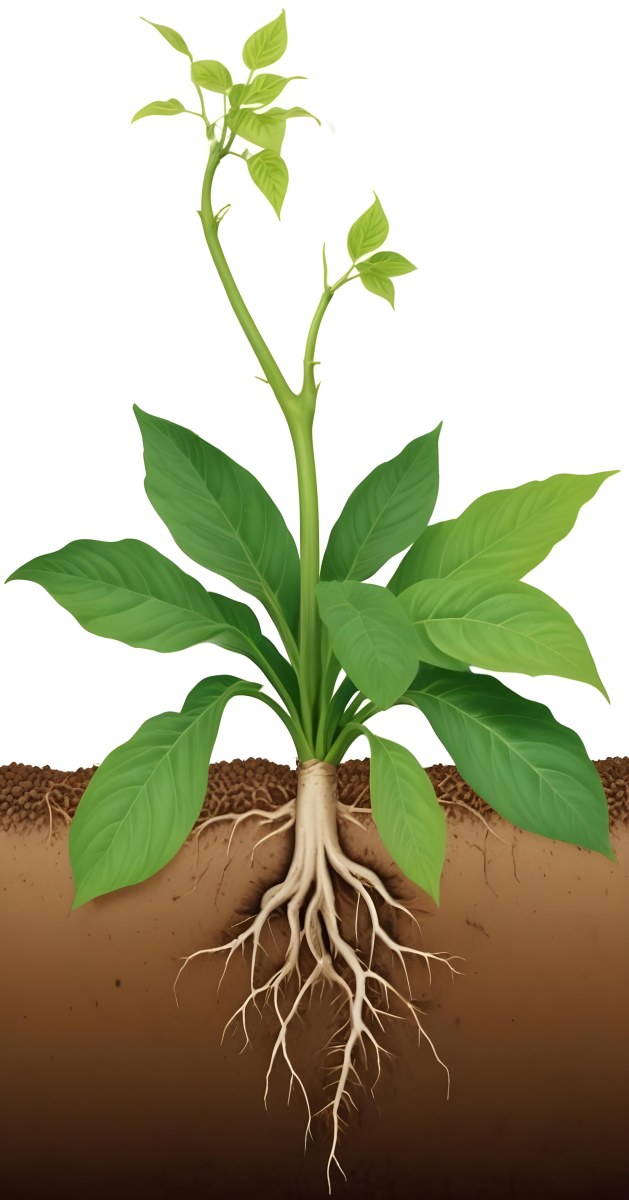 A Green Plant With Large Leaves And A White Flower Emerging From The Soil Showing The Plant S Leaves In Bright Sunlight 1 E175