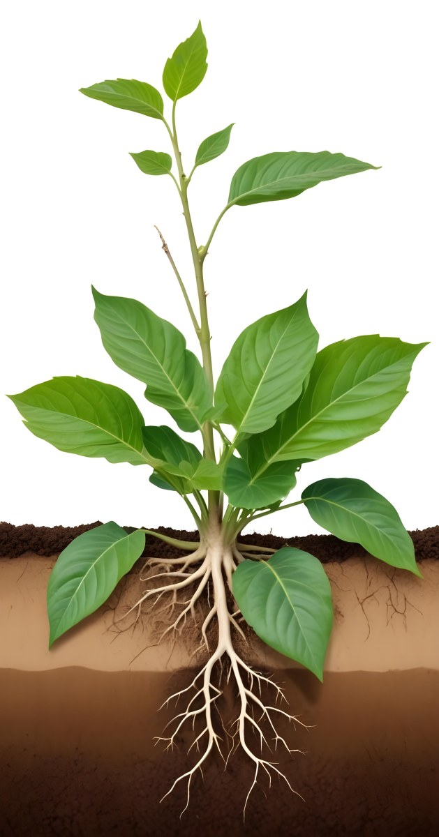 A Green Plant With Large Leaves And A White Flower Emerging From The Soil Showing The Plant S Leaves In Bright Sunlight 5 93d0