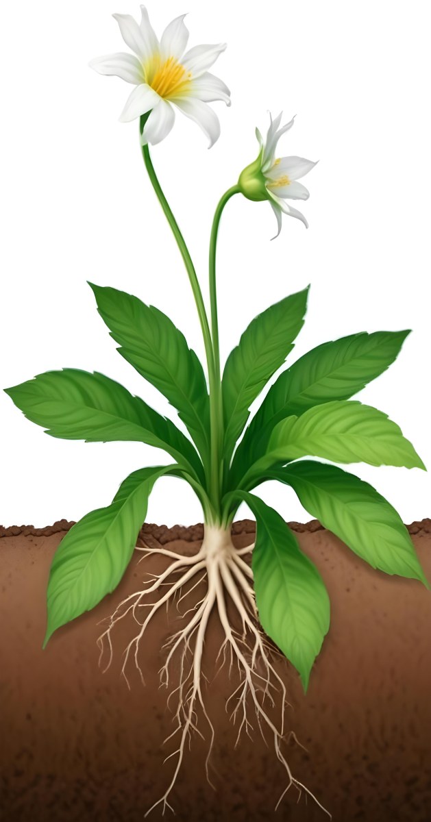 A Green Plant With Large Leaves And A White Flower Emerging From The Soil Showing The Plant S Leaves In Bright Sunlight 8 De66
