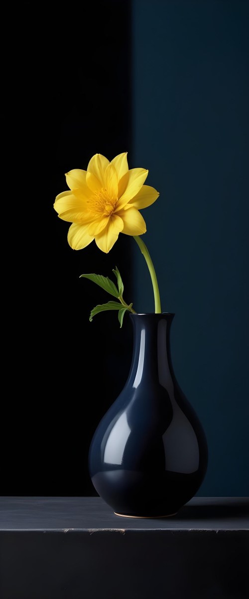 A Green Plant With Large Leaves In A Black Vase Against A Dark Background 34 4a47