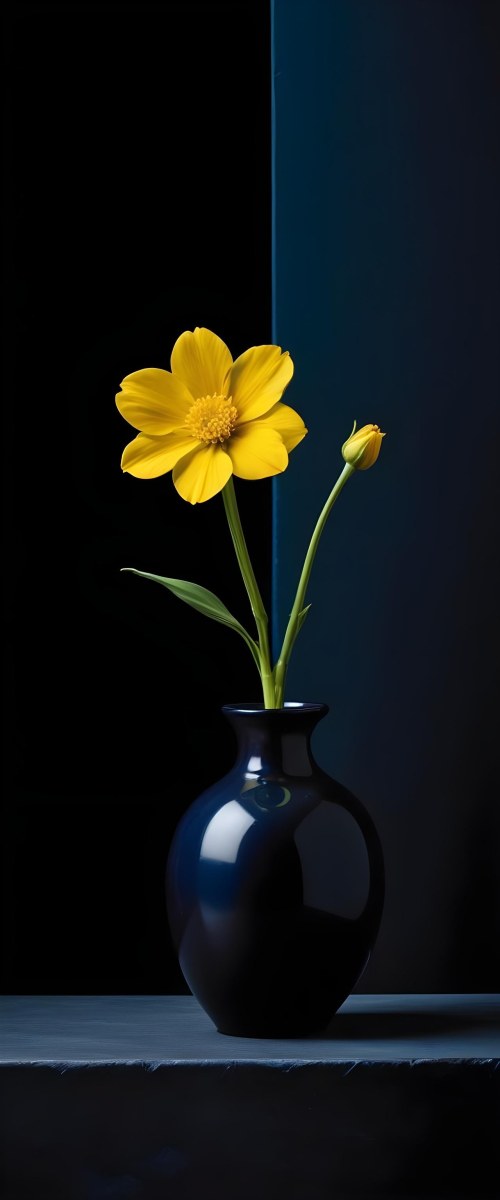 A Green Plant With Large Leaves In A Black Vase Against A Dark Background 42 B370