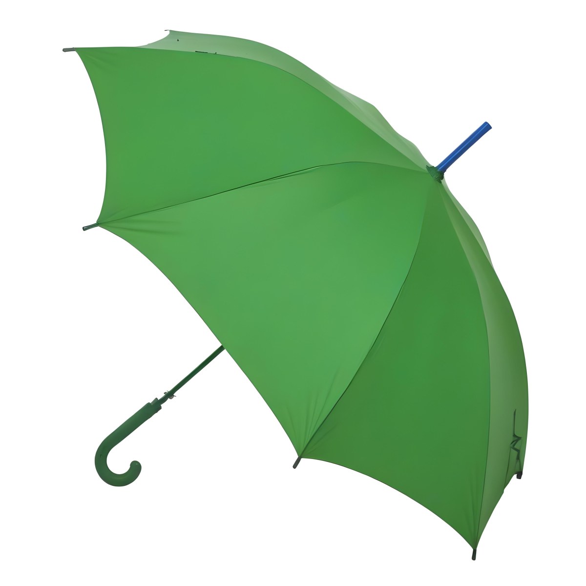 A Green Umbrella With A Curved Handle Featuring A Blue Handle Open Set Against A Rainy Street Background 1 A155