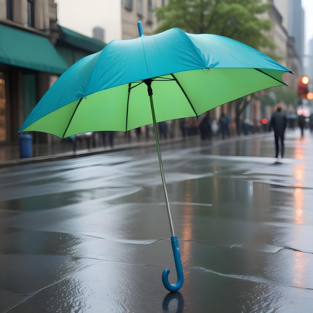 A Green Umbrella With A Curved Handle Featuring A Blue Handle Open Set Against A Rainy Street Background 12 58dc