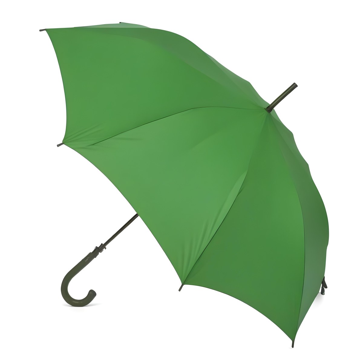 A Green Umbrella With A Curved Handle Featuring A Blue Handle Open Set Against A Rainy Street Background 2 6b88