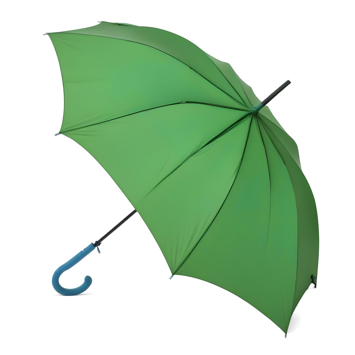 A Green Umbrella With A Curved Handle Featuring A Blue Handle Open Set Against A Rainy Street Background 3 A504