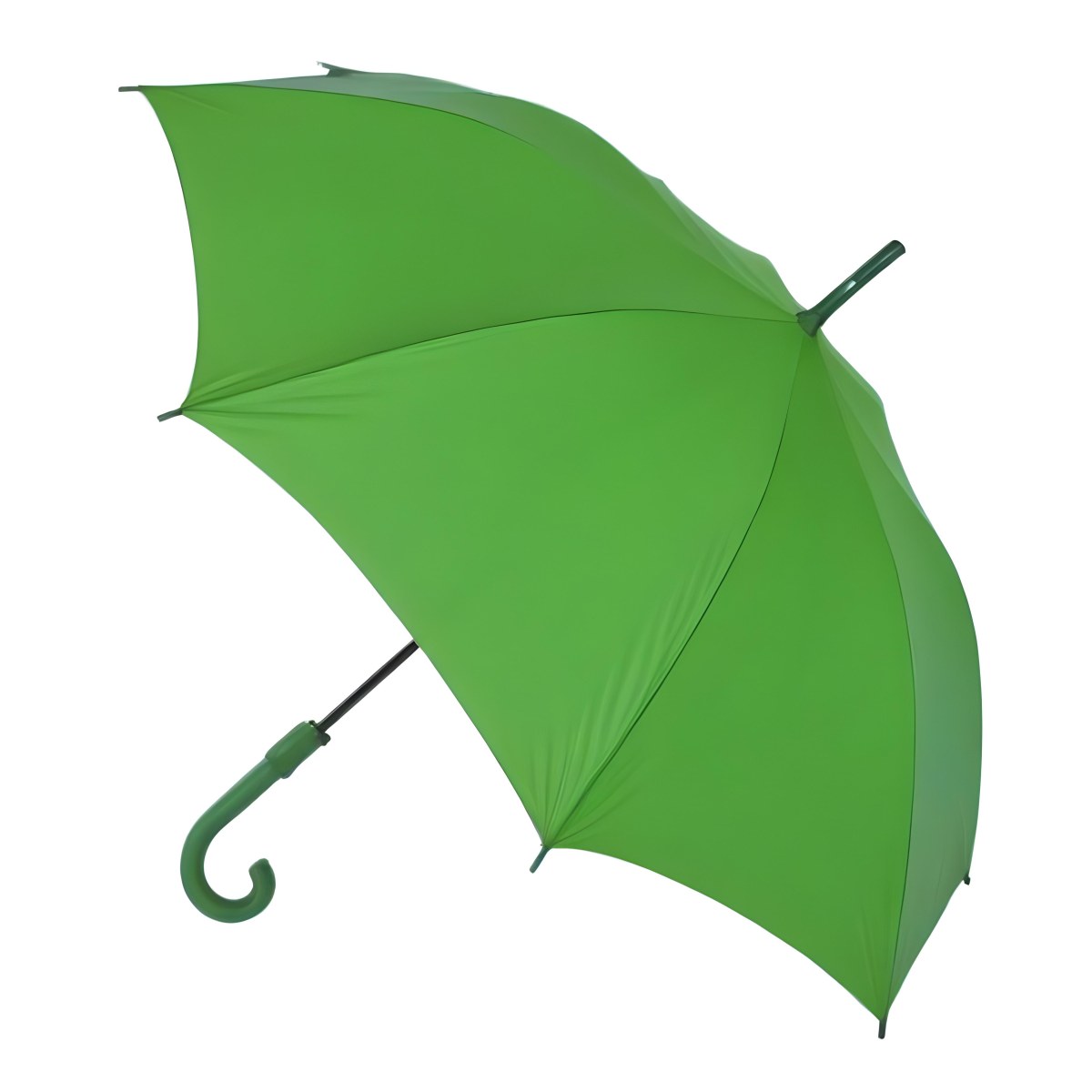 A Green Umbrella With A Curved Handle Featuring A Blue Handle Open Set Against A Rainy Street Background 5 Ebaf