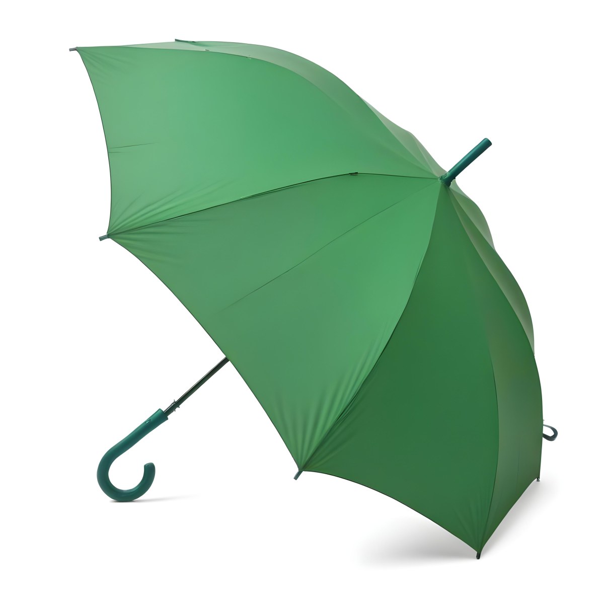 A Green Umbrella With A Curved Handle Featuring A Blue Handle Open Set Against A Rainy Street Background 8 A44b