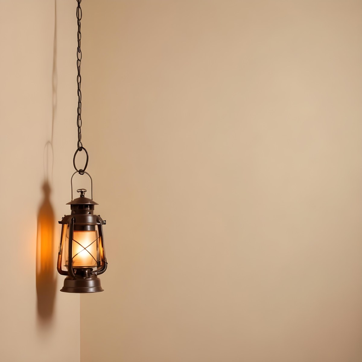 A Hanging Lantern With A Warm Glowing Light Against A Plain Beige Wall 6 7b6f