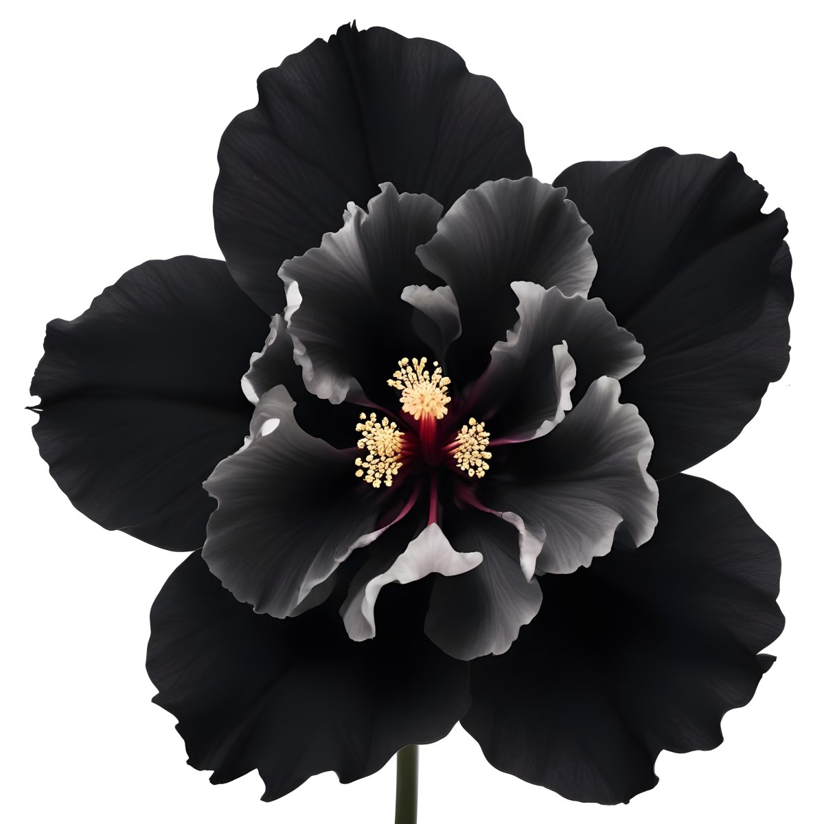 A Large Black Flower With Delicate White Edges Resembling A Hibiscus Or Peony The Petals Have A Velvety Textured Appearance And The Center Contains A Cluster Of Small Dark Stamens 5 Ea69