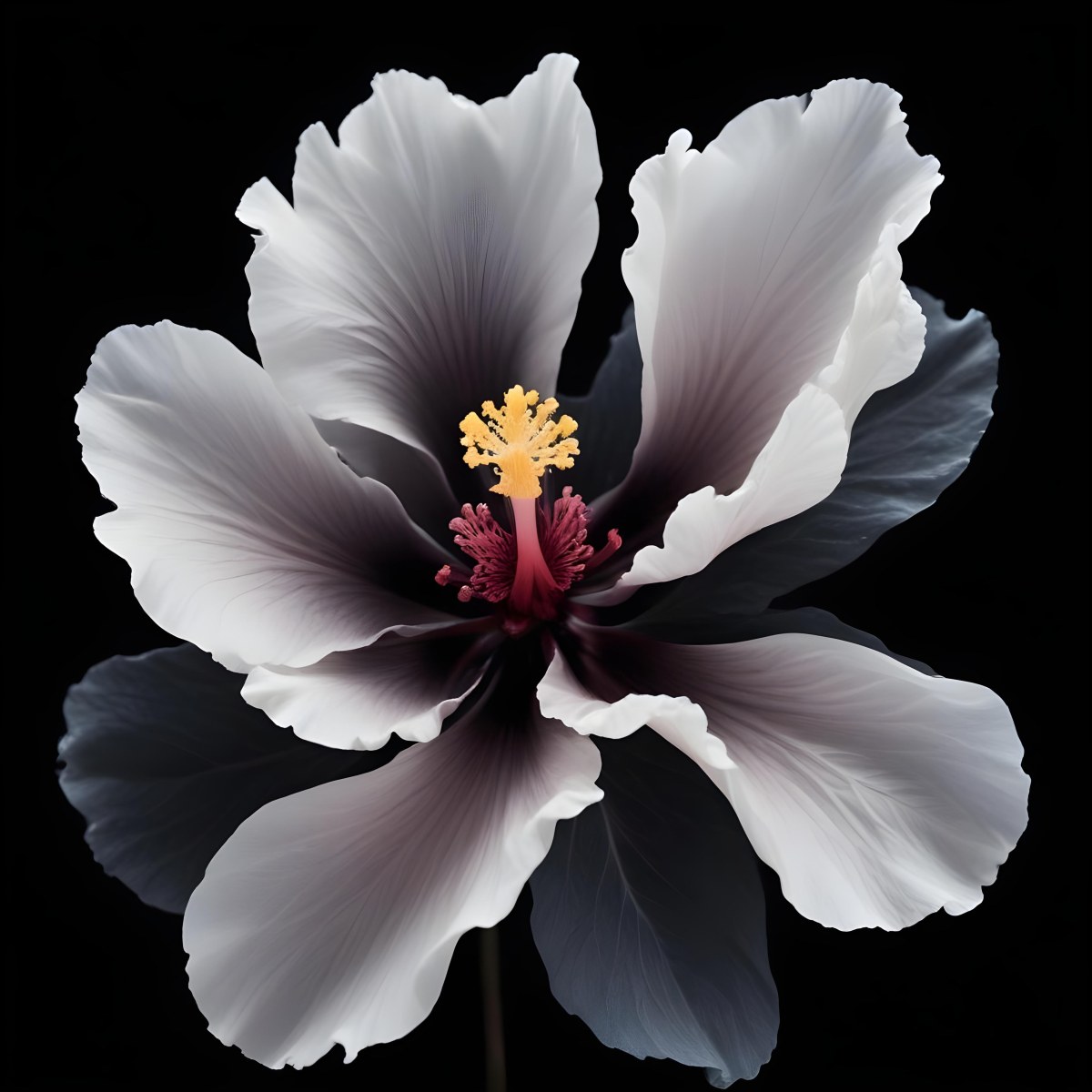 A Large Black Flower With Delicate White Edges Resembling A Hibiscus Or Peony The Petals Have A Velvety Textured Appearance And The Center Contains A Cluster Of Small Dark Stamens 6 5292