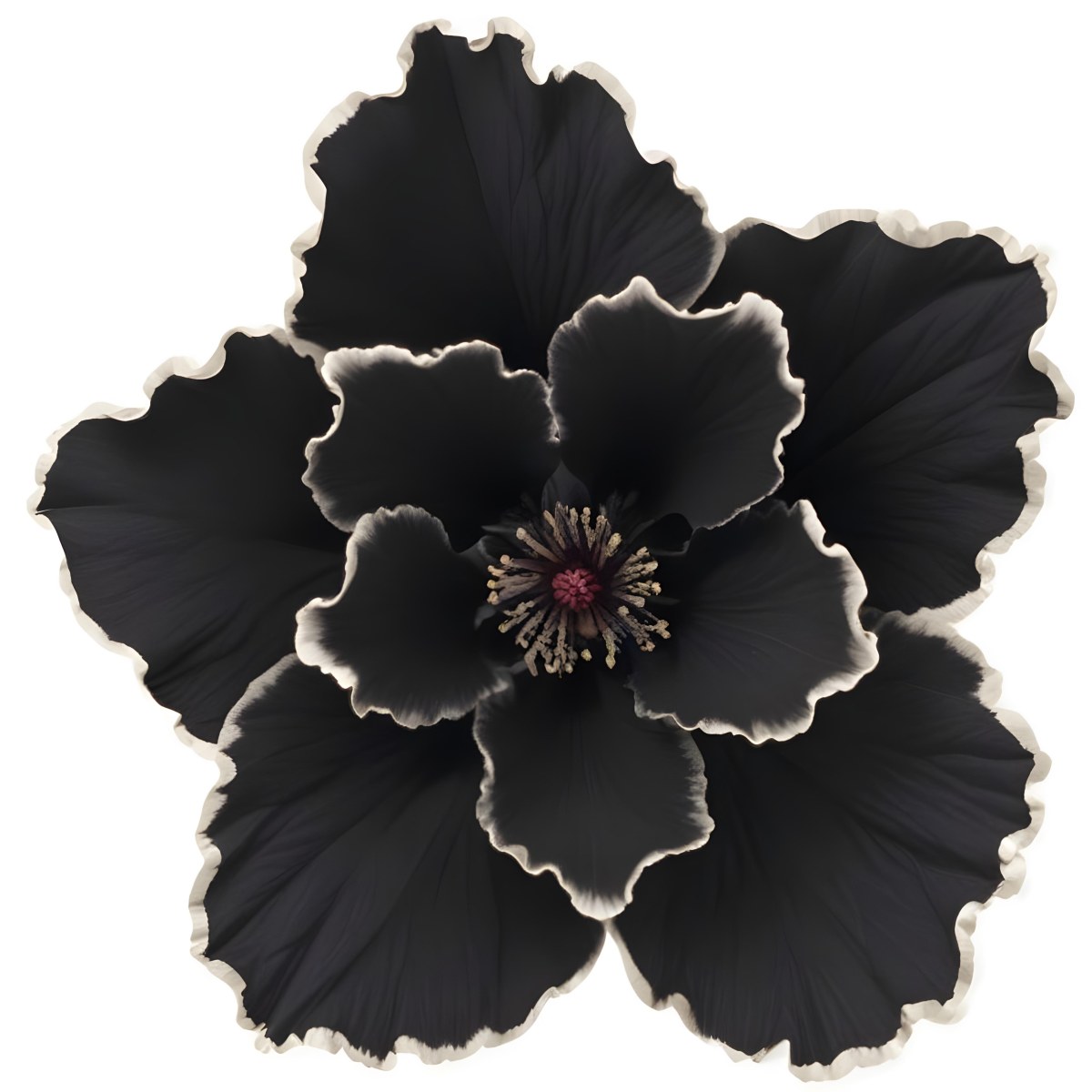 A Large Black Flower With Delicate White Edges Resembling A Hibiscus Or Peony The Petals Have A Velvety Textured Appearance And The Center Contains A Cluster Of Small Dark Stamens 8 6d2d