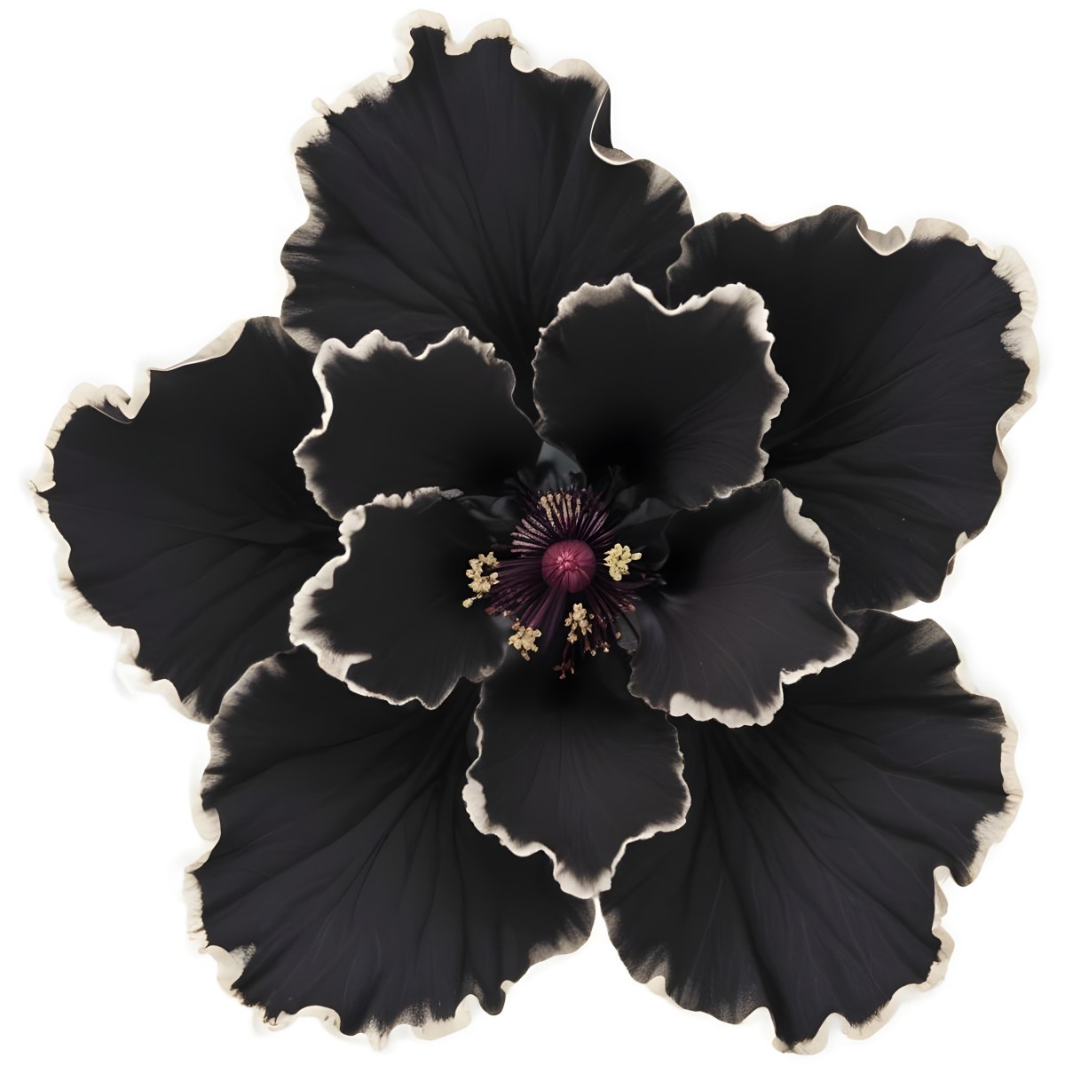 A Large Black Flower With Delicate White Edges Resembling A Hibiscus Or Peony The Petals Have A Velvety Textured Appearance And The Center Contains A Cluster Of Small Dark Stamens 9 68d7