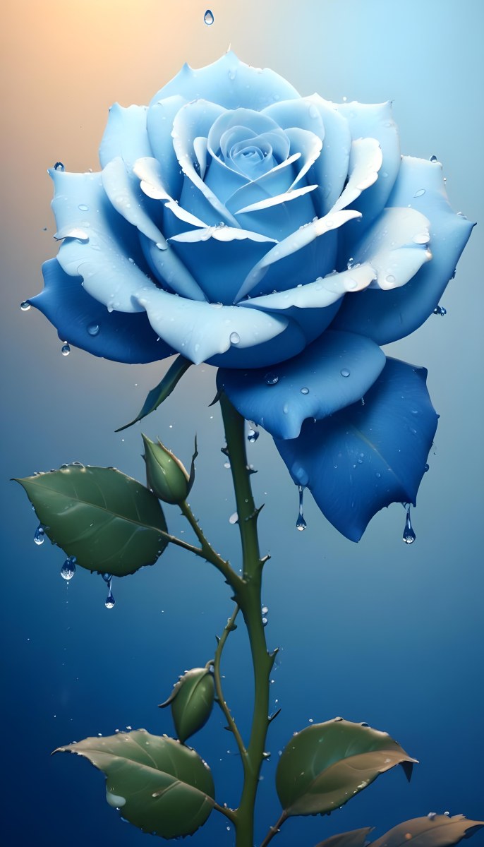 A Large Blue Rose With Delicate Petals Against A Dark Blue Background With Water Droplets The Rose Has Green Leaves And Stems 105 8929