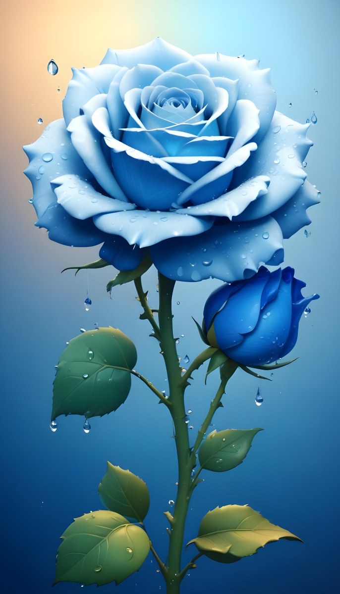 A Large Blue Rose With Delicate Petals Against A Dark Blue Background With Water Droplets The Rose Has Green Leaves And Stems 11 6510