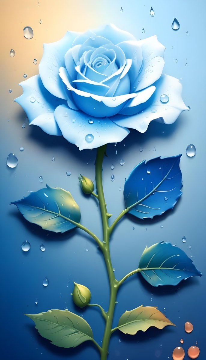 A Large Blue Rose With Delicate Petals Against A Dark Blue Background With Water Droplets The Rose Has Green Leaves And Stems 14 292a