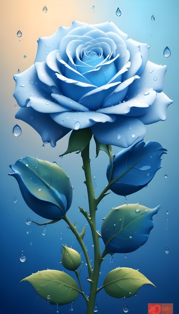 A Large Blue Rose With Delicate Petals Against A Dark Blue Background With Water Droplets The Rose Has Green Leaves And Stems 15 2e5f