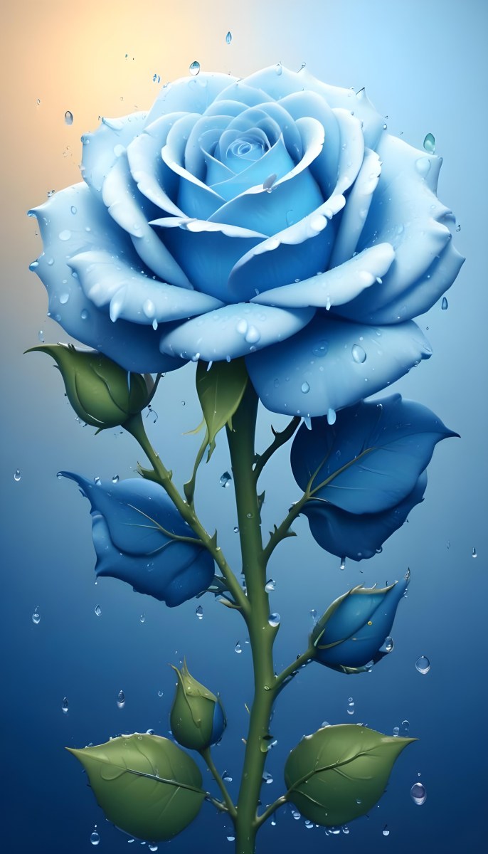A Large Blue Rose With Delicate Petals Against A Dark Blue Background With Water Droplets The Rose Has Green Leaves And Stems 19 Bbe7