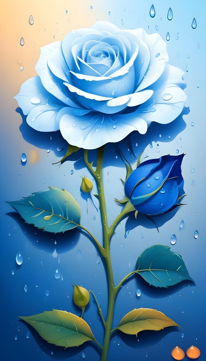 A Large Blue Rose With Delicate Petals Against A Dark Blue Background With Water Droplets The Rose Has Green Leaves And Stems 32 34da