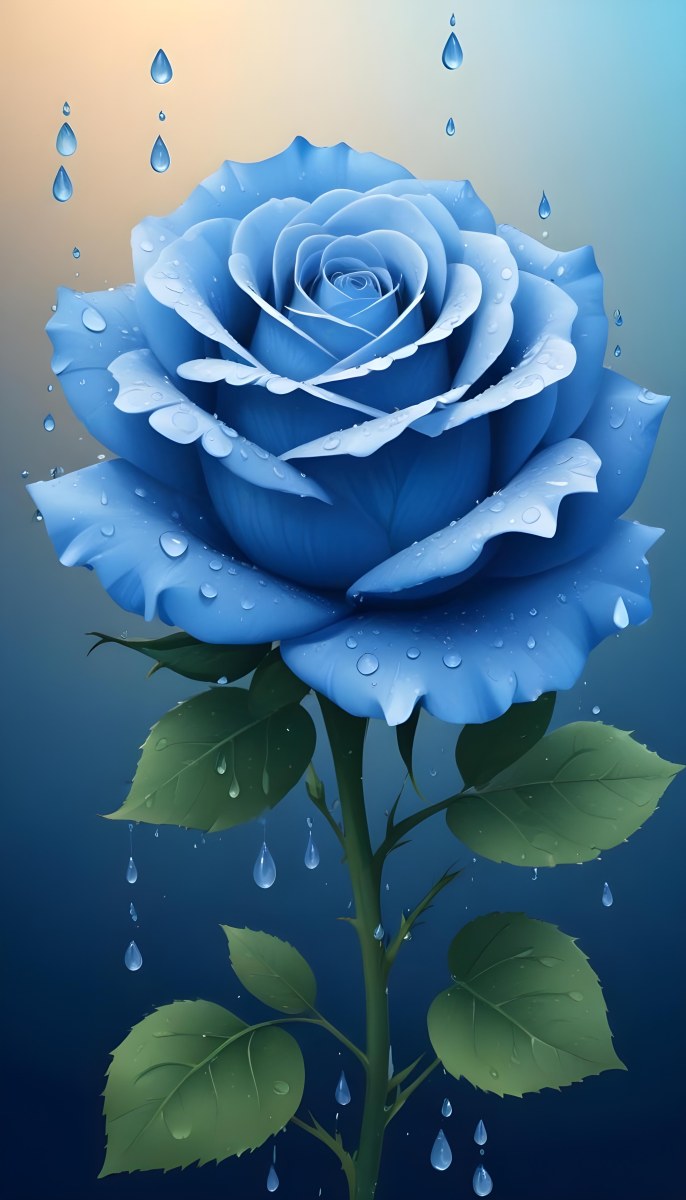 A Large Blue Rose With Delicate Petals Against A Dark Blue Background With Water Droplets The Rose Has Green Leaves And Stems 36 B48d