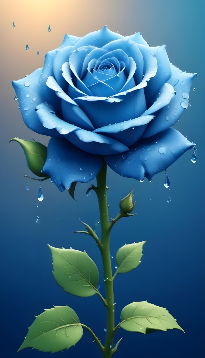 A Large Blue Rose With Delicate Petals Against A Dark Blue Background With Water Droplets The Rose Has Green Leaves And Stems 67 3c9f