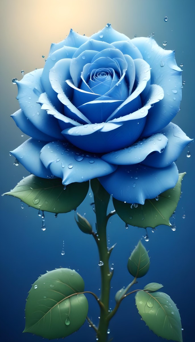 A Large Blue Rose With Delicate Petals Against A Dark Blue Background With Water Droplets The Rose Has Green Leaves And Stems 70 8b99