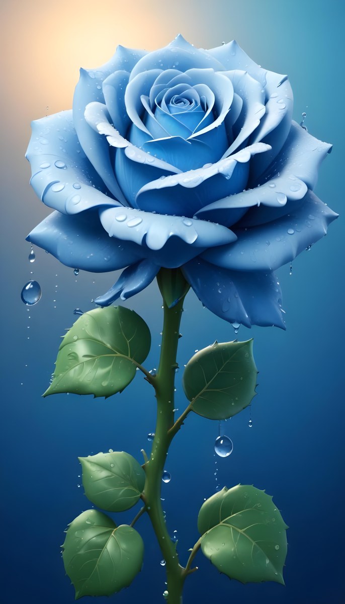 A Large Blue Rose With Delicate Petals Against A Dark Blue Background With Water Droplets The Rose Has Green Leaves And Stems 83 99b1