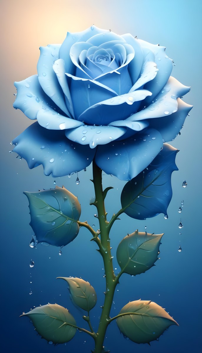 A Large Blue Rose With Delicate Petals Against A Dark Blue Background With Water Droplets The Rose Has Green Leaves And Stems 9 Da5b