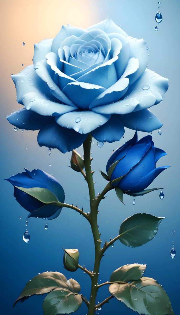A Large Blue Rose With Delicate Petals Against A Dark Blue Background With Water Droplets The Rose Has Green Leaves And Stems 90 D342