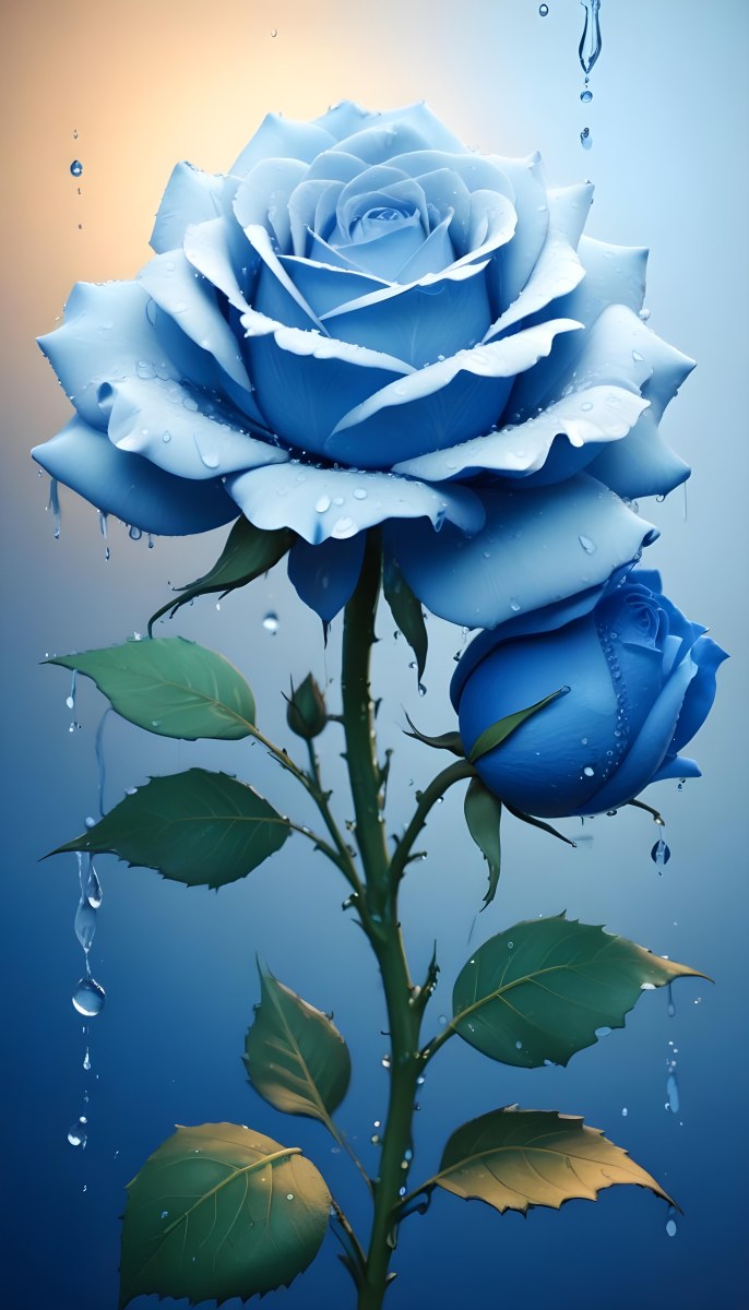 A Large Blue Rose With Delicate Petals Against A Dark Blue Background With Water Droplets The Rose Has Green Leaves And Stems 92 9a9a